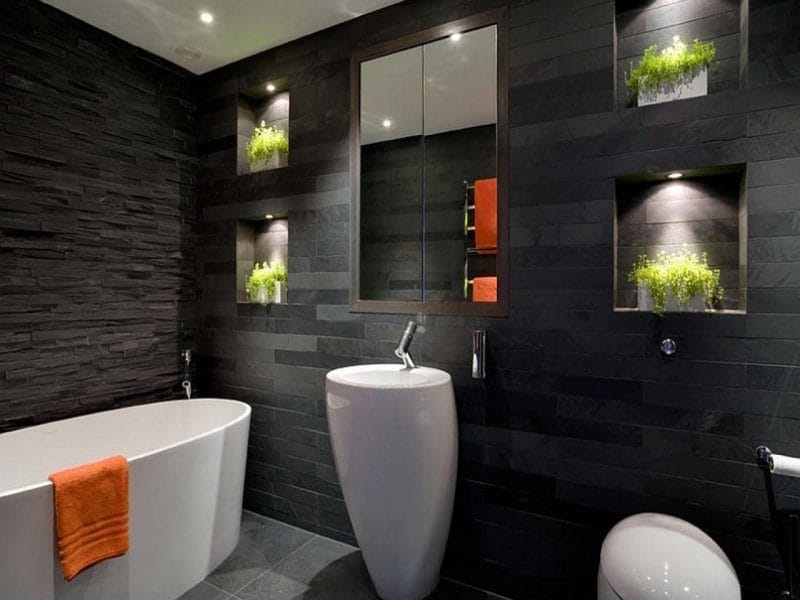 Черная ванная — фото как оформить стильный дизайн темного цвета для ванной комнтаы #18