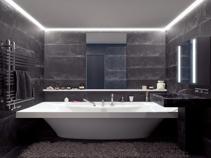 Черная ванная — фото как оформить стильный дизайн темного цвета для ванной комнтаы #11