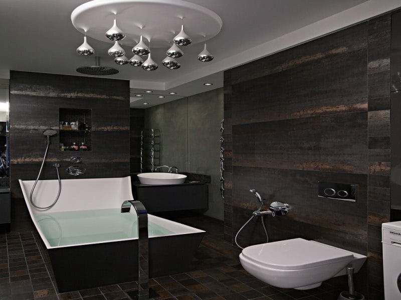 Черная ванная — фото как оформить стильный дизайн темного цвета для ванной комнтаы #23