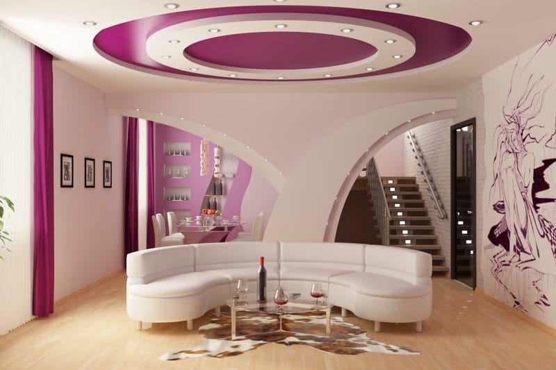 Натяжные потолки в гостиной — 80 фото необычного дизайна в современном стиле #44