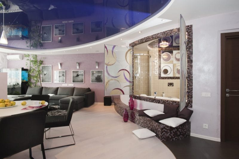 Натяжные потолки в гостиной — 80 фото необычного дизайна в современном стиле #50