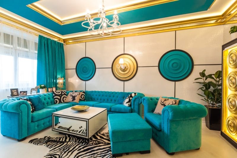 Гостиная бирюзового цвета — фото идей дизайна гостиной в монотонных цветах. #8