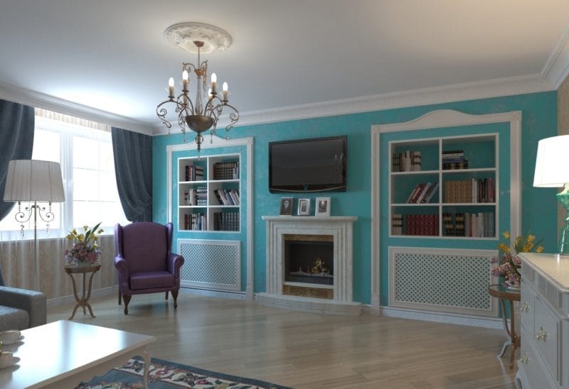 Гостиная бирюзового цвета — фото идей дизайна гостиной в монотонных цветах. #11