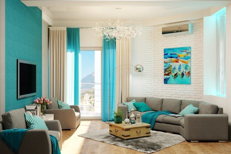 Гостиная бирюзового цвета — фото идей дизайна гостиной в монотонных цветах. #4