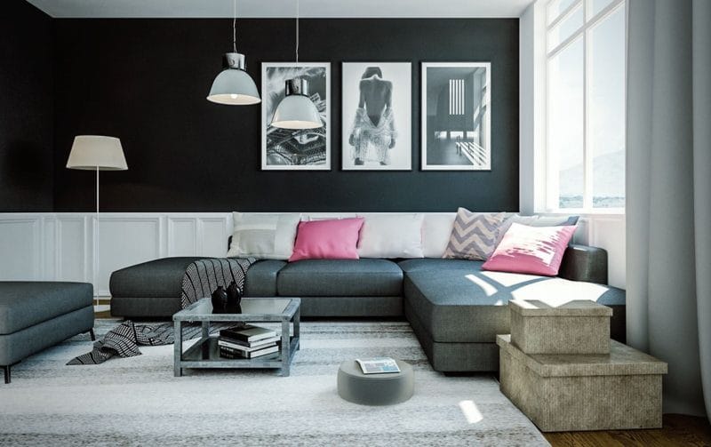 Черная гостиная — стильный, монохромный дизайн на 100 фото #43