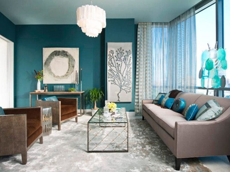 Голубая гостиная — 45 фото идей уютного дизайна с голубыми оттенками #25