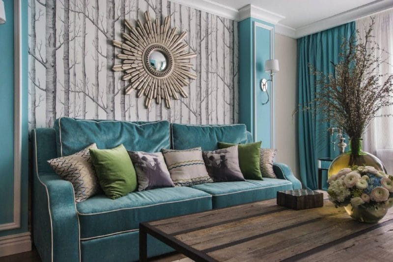 Гостиная бирюзового цвета — фото идей дизайна гостиной в монотонных цветах. #31