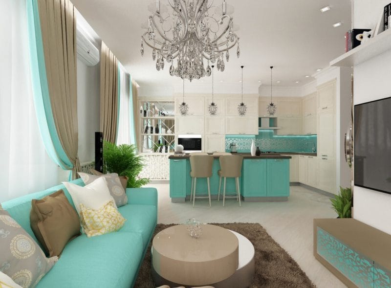 Гостиная бирюзового цвета — фото идей дизайна гостиной в монотонных цветах. #42