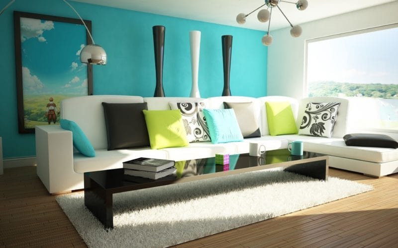 Гостиная бирюзового цвета — фото идей дизайна гостиной в монотонных цветах. #48