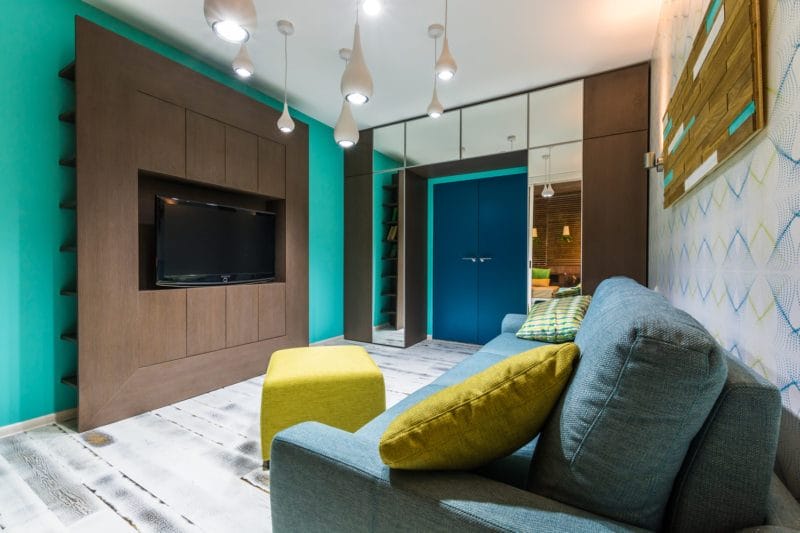 Гостиная бирюзового цвета — фото идей дизайна гостиной в монотонных цветах. #34