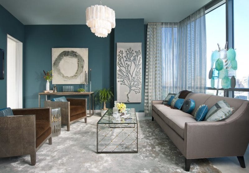 Гостиная бирюзового цвета — фото идей дизайна гостиной в монотонных цветах. #20