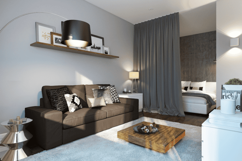 Спальня в однокомнатной квартире — готовые решения дизайна от профи + 75 фото #22