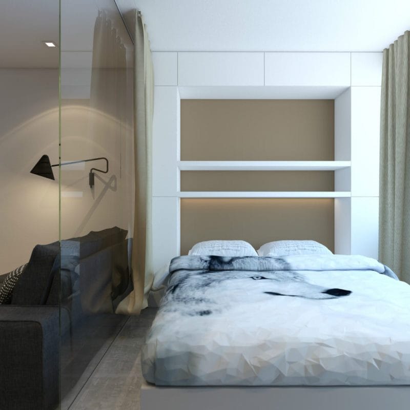 Спальня в однокомнатной квартире — готовые решения дизайна от профи + 75 фото #36