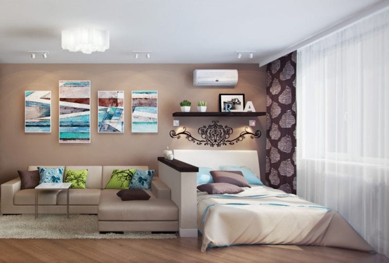 Спальня в однокомнатной квартире — готовые решения дизайна от профи + 75 фото #38