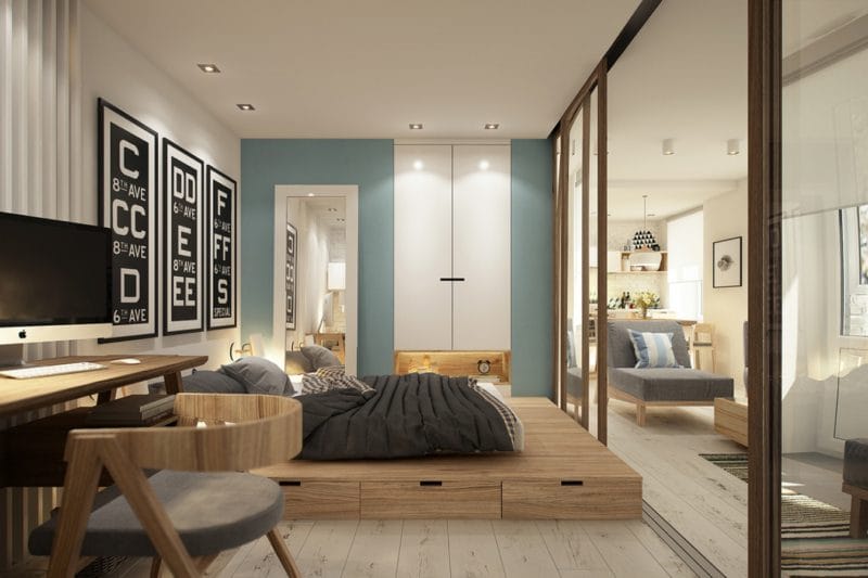 Спальня в однокомнатной квартире — готовые решения дизайна от профи + 75 фото #42