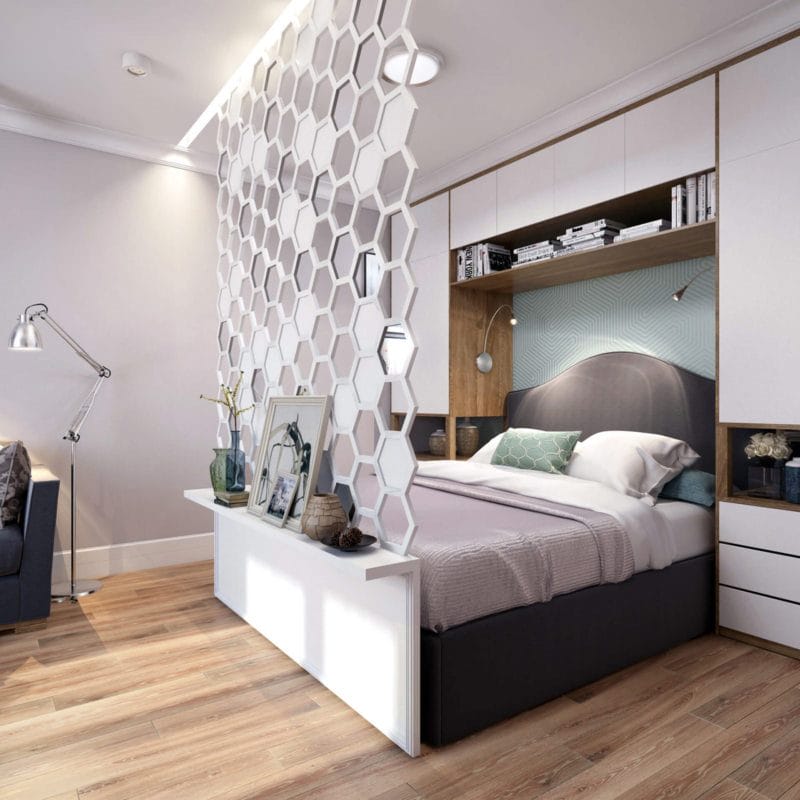 Спальня в однокомнатной квартире — готовые решения дизайна от профи + 75 фото #19
