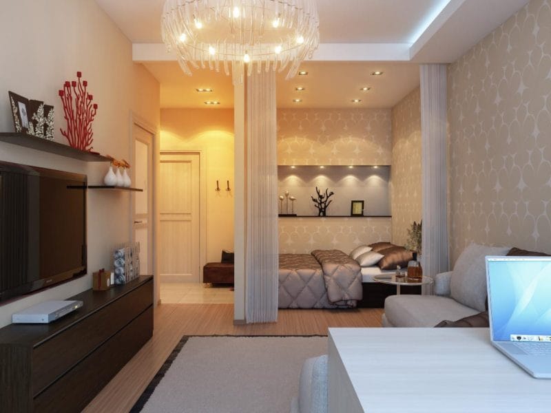 Спальня в однокомнатной квартире — готовые решения дизайна от профи + 75 фото #27
