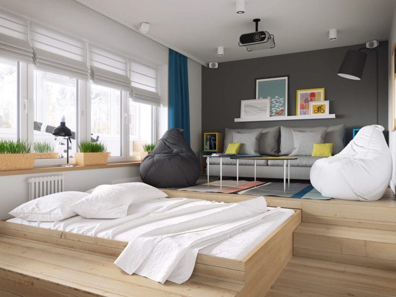 Спальня в однокомнатной квартире — готовые решения дизайна от профи + 75 фото #28