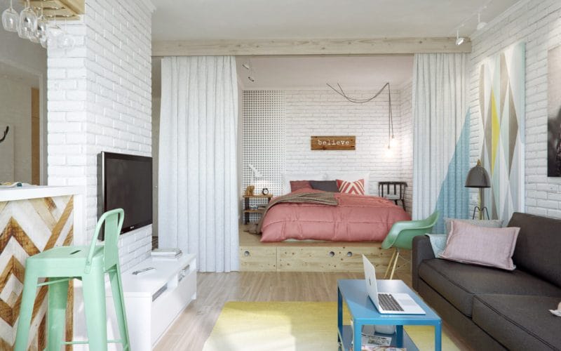 Спальня в однокомнатной квартире — готовые решения дизайна от профи + 75 фото #13