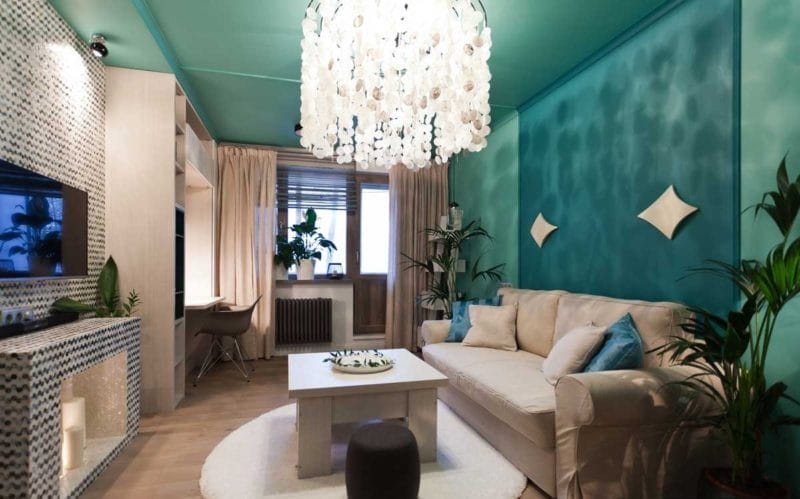 Гостиная бирюзового цвета — фото идей дизайна гостиной в монотонных цветах. #6