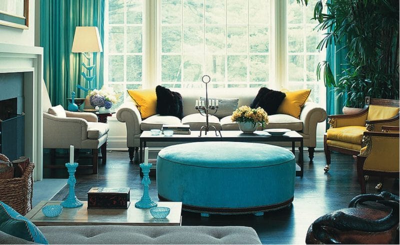 Гостиная бирюзового цвета — фото идей дизайна гостиной в монотонных цветах. #14