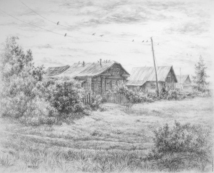 Рисунки карандашом сельский пейзаж (29 фото) #52