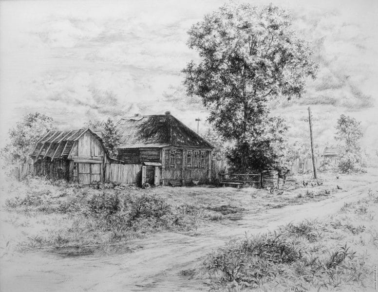 Рисунки карандашом сельский пейзаж (29 фото) #75