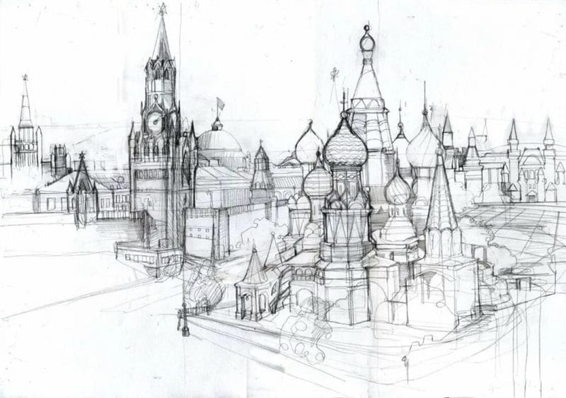Как нарисовать Кремль и Красную площадь: 65 рисунков #26
