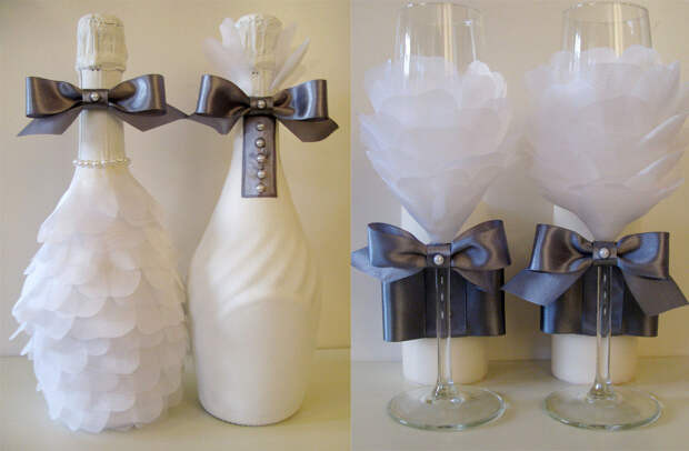 Серо-белый декор бутылки на свадьбу