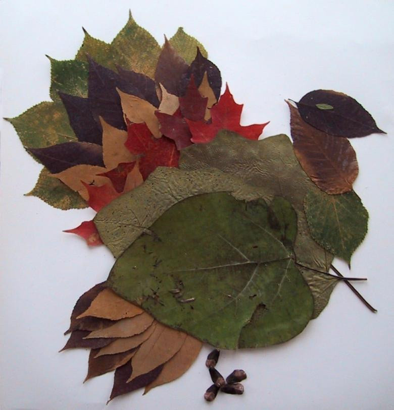 Аппликация птиц из листьев и цветной бумаги