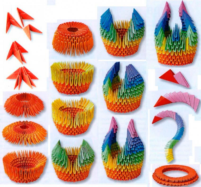 Последовательность складывания разноцветного лебедя оригами