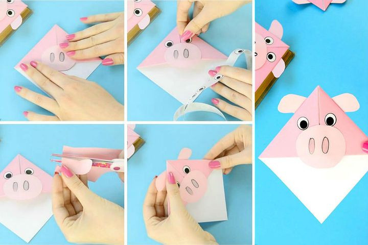 Пошаговая схема изготовления закладки-свинки в технике оригами