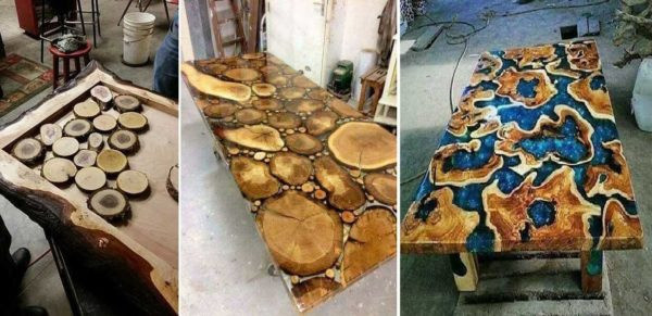 Сделать стол спилов из дерева и эпоксидной смолы можно в различных формах
