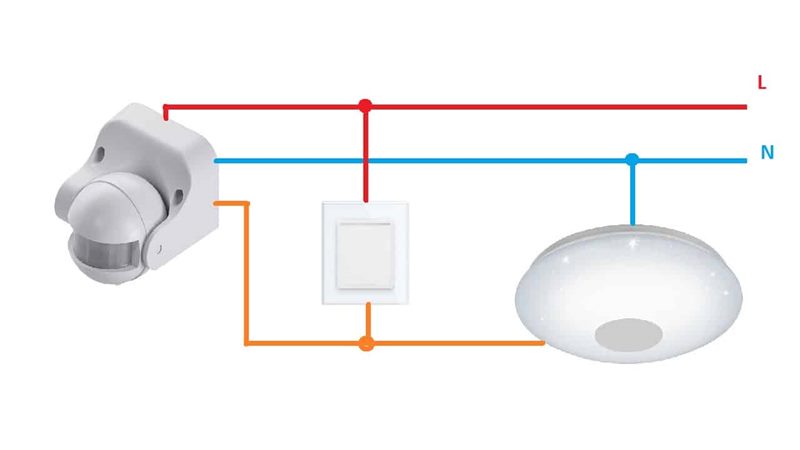 Схемы подключения датчика движения: с выключателем и без (как правильно установить к лампочке и настроить освещение) #17