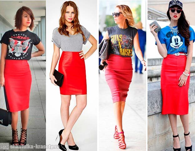 С чем носить красную юбку-карандаш — фото, образы #26