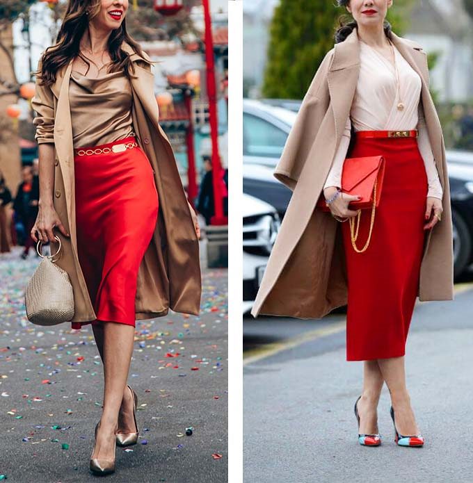 С чем носить красную юбку-карандаш — фото, образы #31