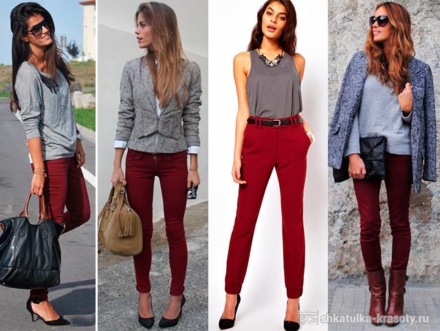 С чем носить бордовые брюки (джинсы) — 120 фото #18