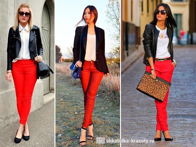С чем носить красные брюки, джинсы #24