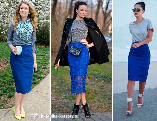 Синяя юбка карандаш — с чем носить, фото-образы #16