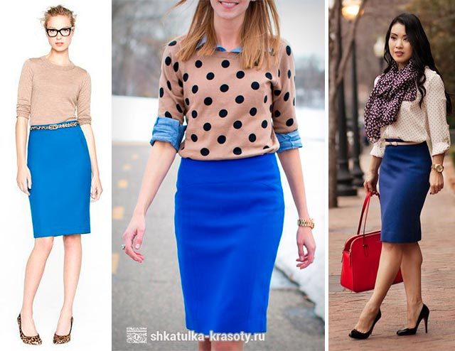 Синяя юбка карандаш — с чем носить, фото-образы #40
