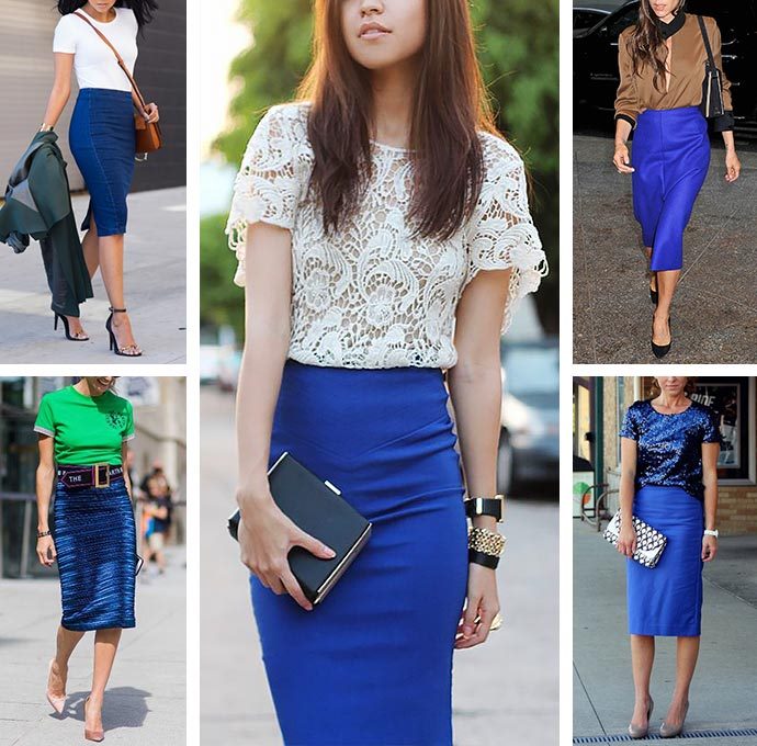 Синяя юбка карандаш — с чем носить, фото-образы #1