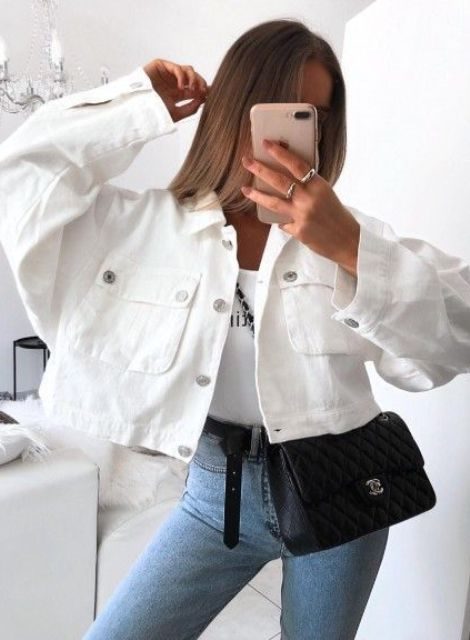 Белая джинсовая куртка — с чем носить — образы, фото #21