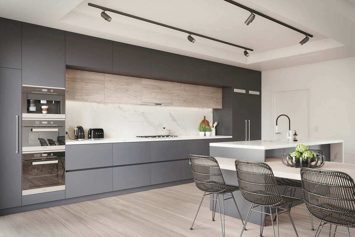 Дизайн современной кухни с высокими шкафами под потолок